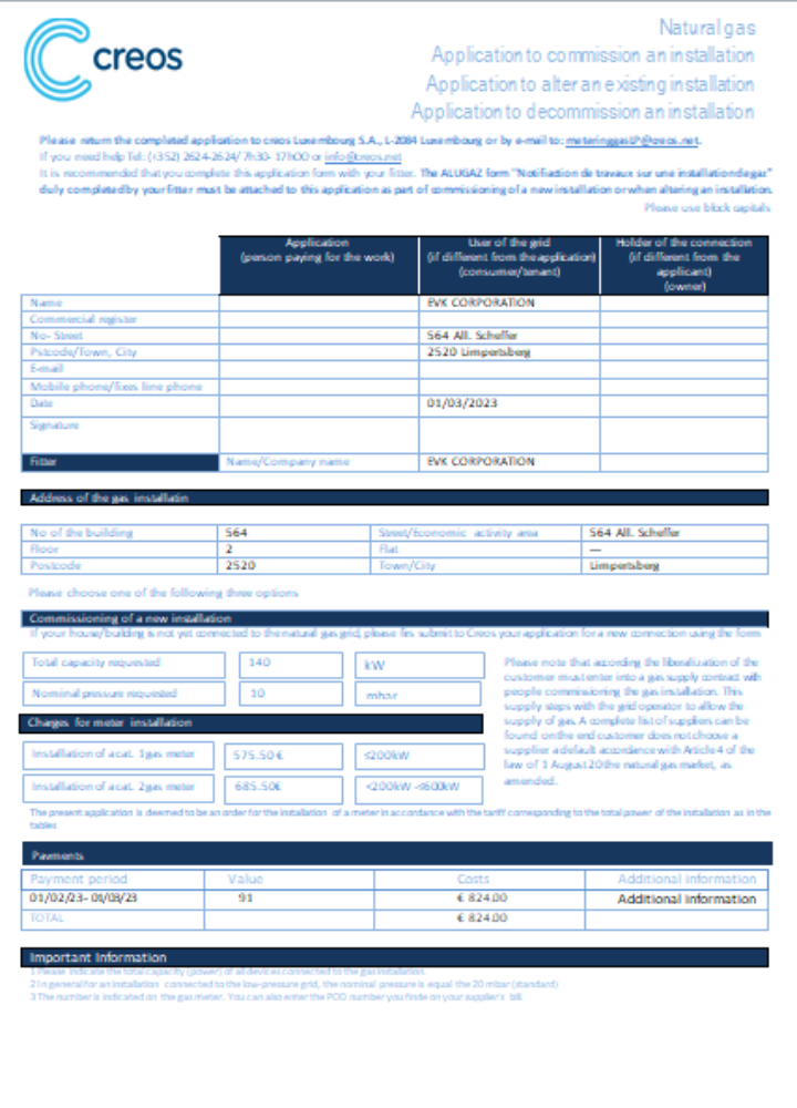 Creos Luxembourg gas utility business bill SCR PSD template